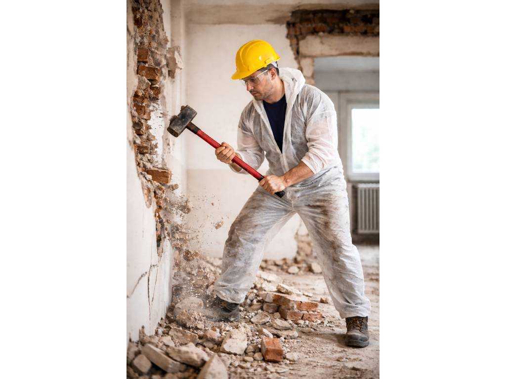 Mitarbeiter bei Abbrucharbeiten trägt PSA nicht richtig – fehlende Schutzkleidung und Staubbelastung