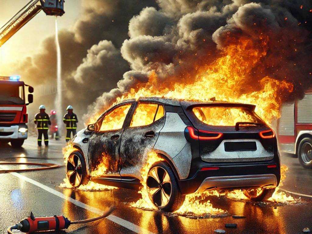 Brennendes Elektrofahrzeug am Arbeitsplatz mit Feuerwehr im Einsatz – Beispiel für Risiken bei unsachgemäßer Handhabung von E-Fahrzeugen.