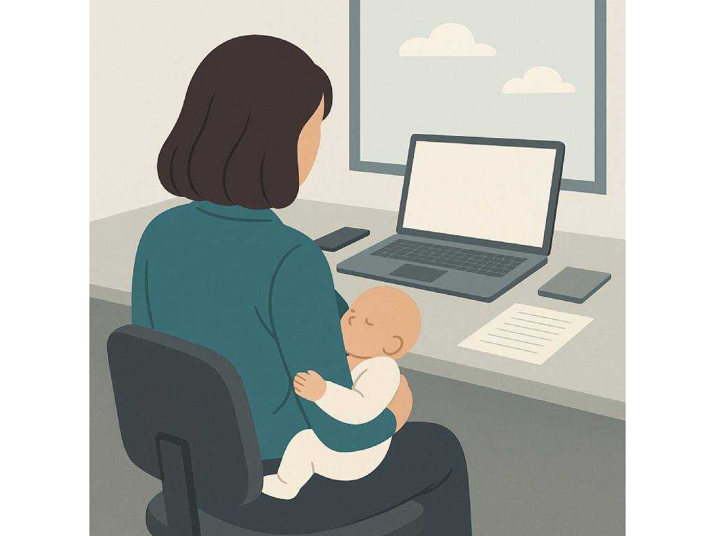 Stillende Mutter am Arbeitsplatz mit Baby im Arm – Illustration zum Thema Stillverbot durch den Arbeitgeber