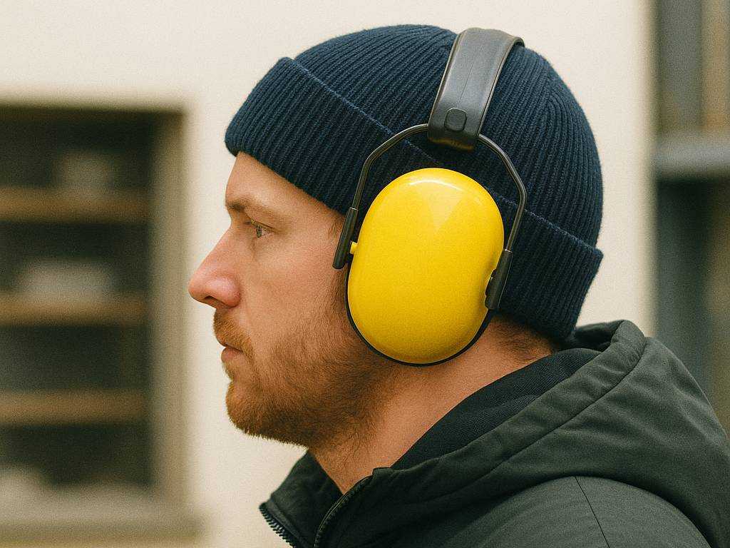 Mitarbeiter trägt Kapselgehörschutz als Gehörschutz am Arbeitsplatz in lärmintensiver Umgebung