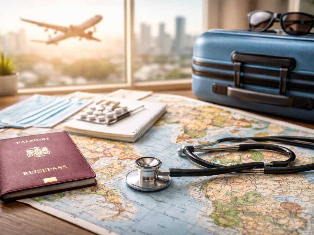 Vorbereitung von Dienstreisen ins Ausland mit Reisepass, Karte und arbeitsmedizinischer Vorsorge