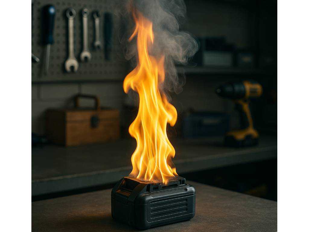 Brennender Lithium-Ionen-Akku in einer Werkstatt – Brandgefahr beim unsicheren Laden und Lagern von Akkus