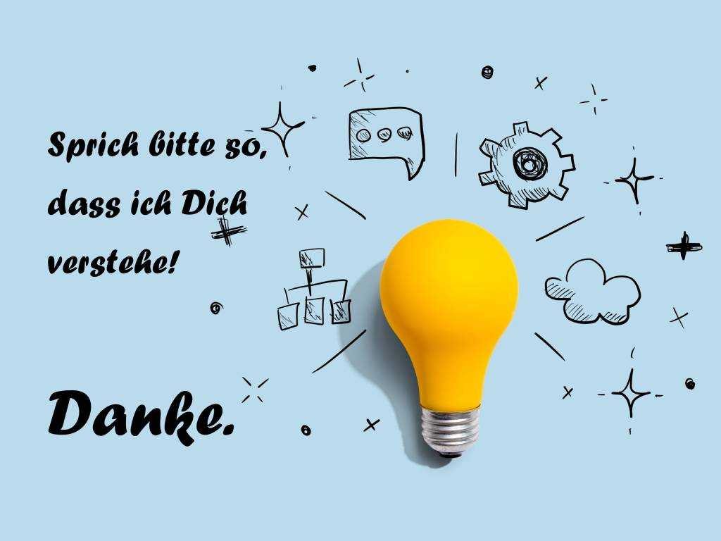Gelbe Glühbirne mit Icons und Text: „Sprich bitte so, dass ich Dich verstehe!“ – Symbol für Leichte Sprache im Arbeitsschutz