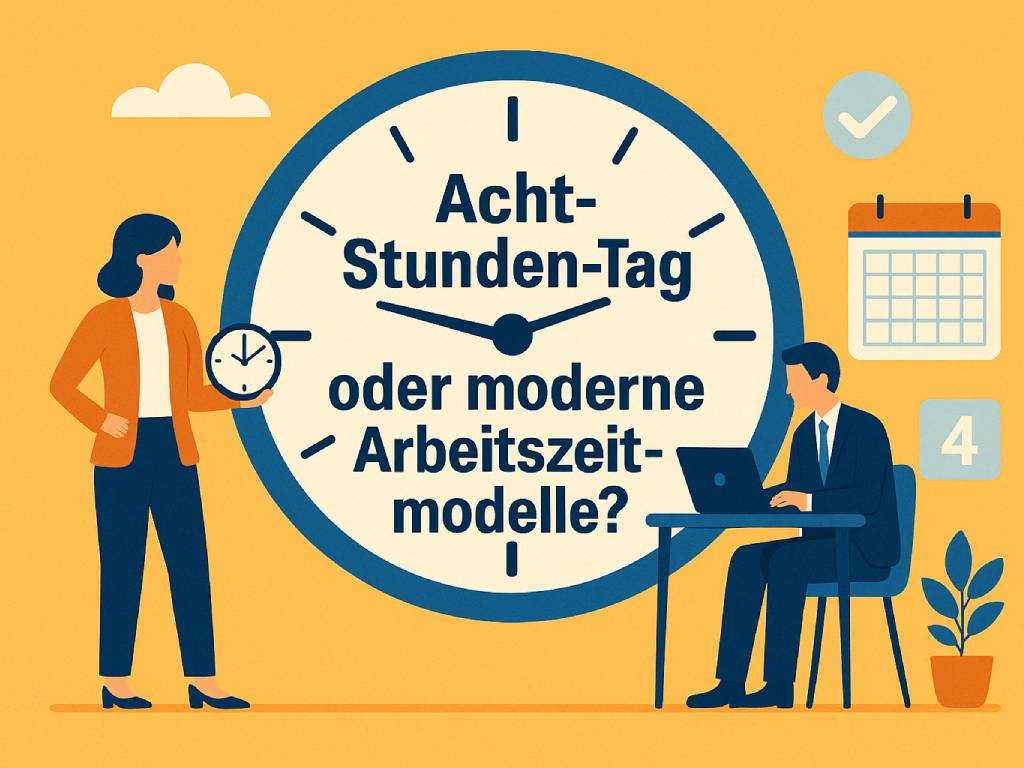 Illustration mit einer großen Uhr, die die Frage „8-Stunden-Tag oder moderne Arbeitszeitmodelle?“ stellt, daneben Büroelemente und zwei Personen im Business-Stil.