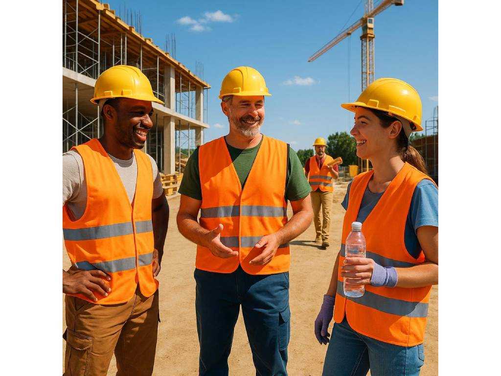 Drei Sicherheitsbeauftragte sprechen auf einer Baustelle über Arbeitsschutz und die geplante Abschaffung der Sicherheitsbeauftragten.
