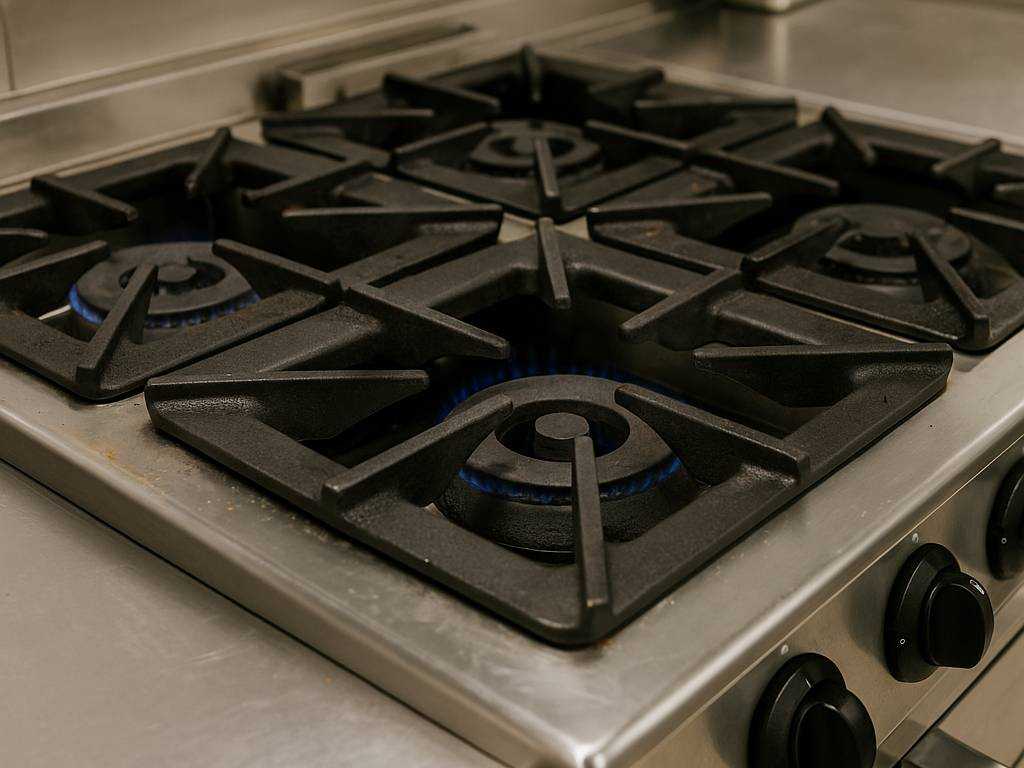 Gewerbliche Gasanlagen Prüfpflicht: Gasherd in einer Großküche mit blauen Gasflammen
