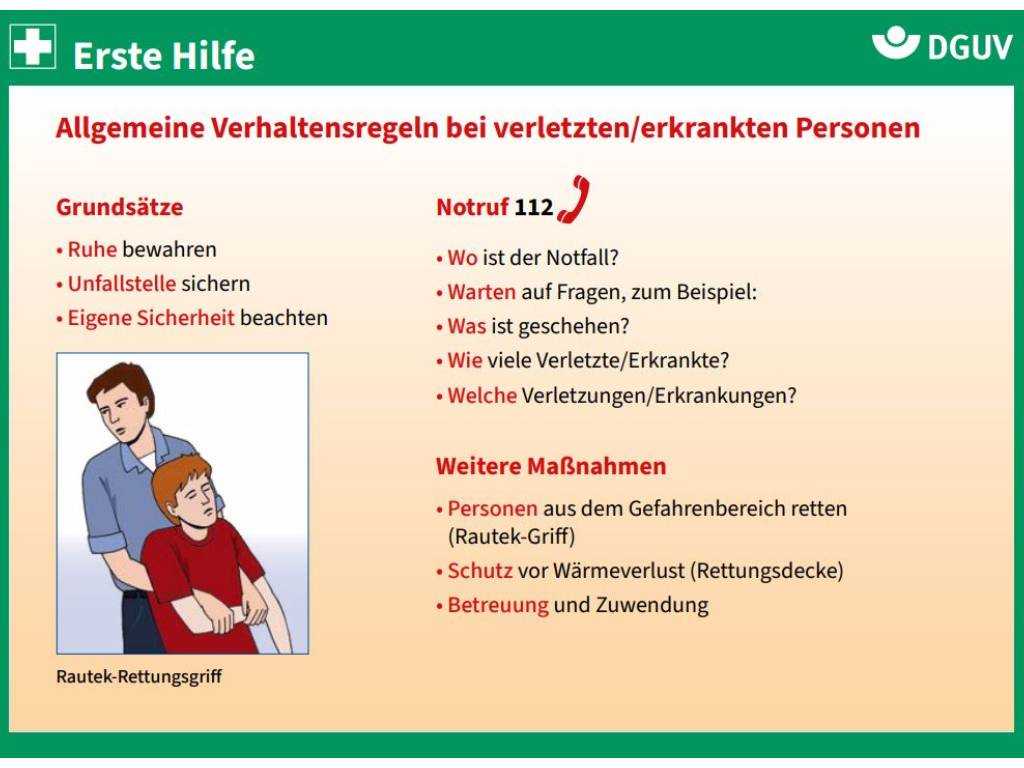DGUV Erste-Hilfe-Karte mit allgemeinen Verhaltensregeln für verletzte oder erkrankte Personen im Betrieb