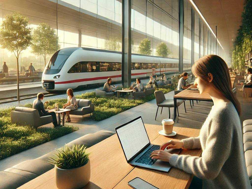 Frau arbeitet mobil mit Laptop in einem Café am Bahnhof, Zug im Hintergrund