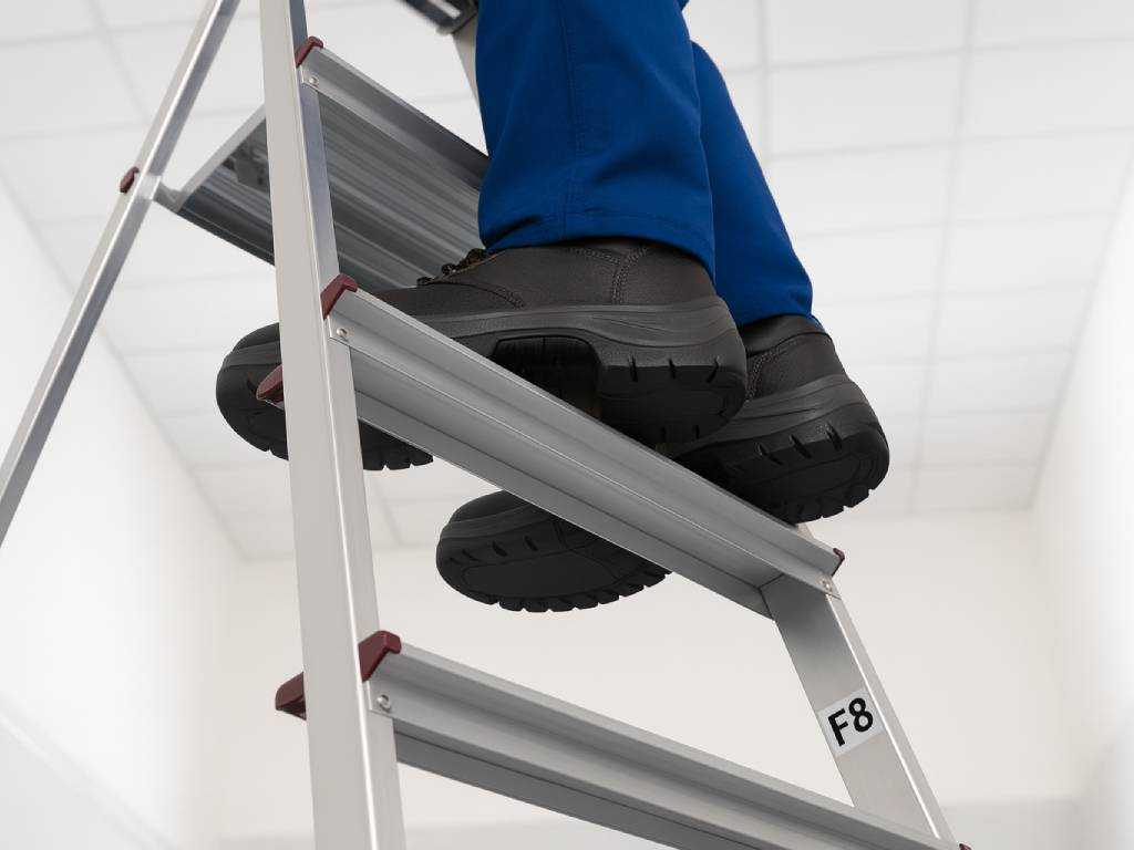 Leiterprüfung nach BetrSichV und DIN EN 131 – Mitarbeiter auf geprüfter Leiter mit Kennzeichnung F8