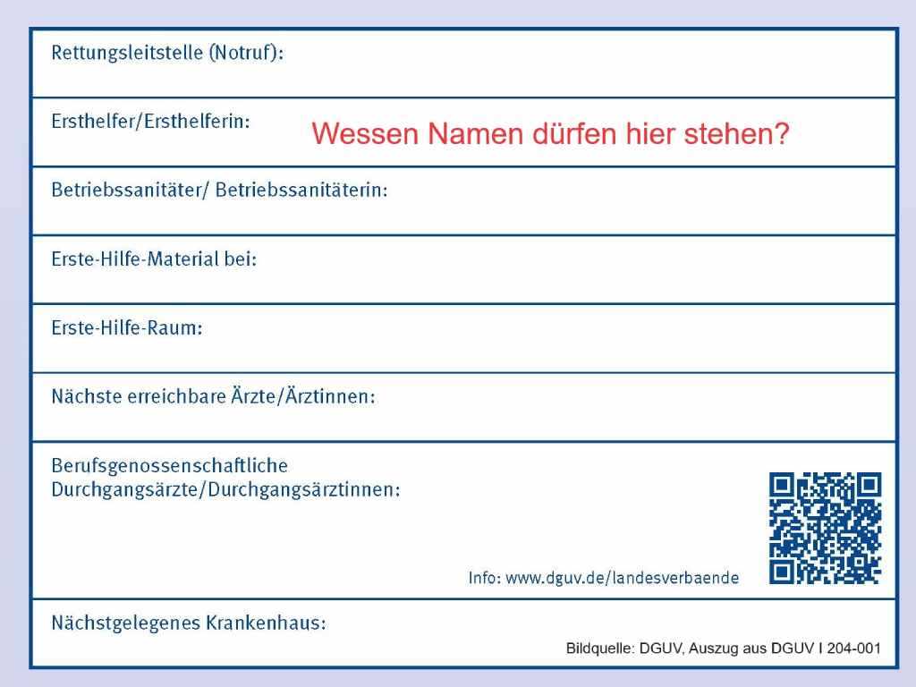 Datenschutz Aushang mit Ersthelfern unter Berücksichtigung des der DGUV