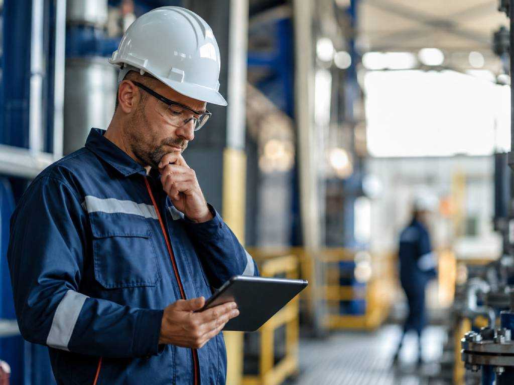 Mitarbeiter führt eine LMRA vor Arbeitsbeginn in einem Industriebetrieb durch