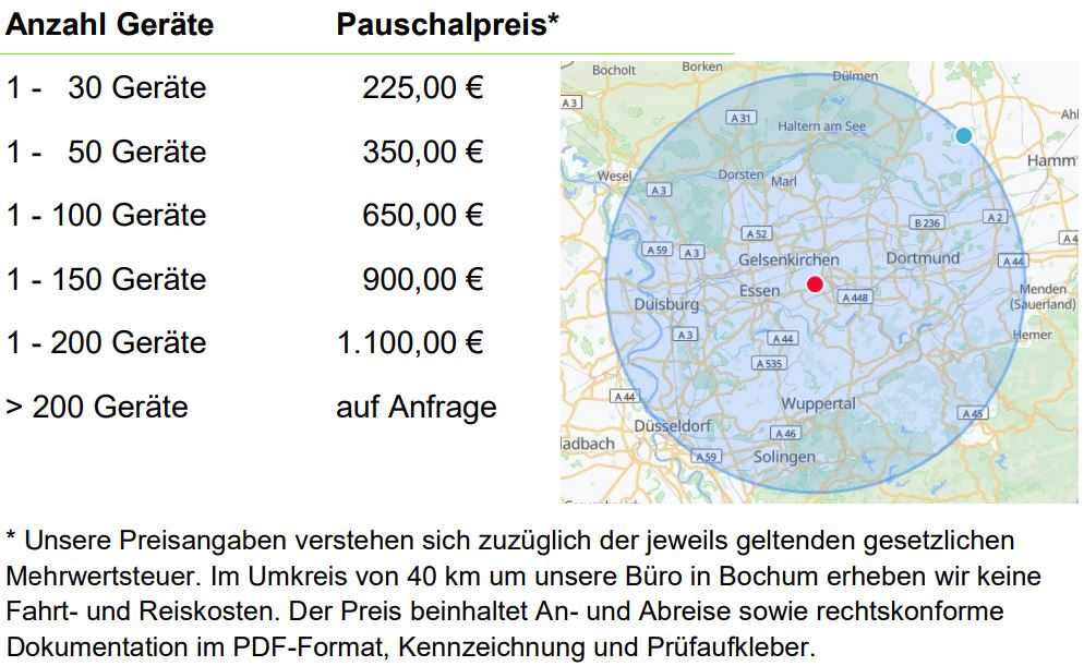 Tabelle mit Preisen der Elektrogeräteprüfung DGUV (E-Check) und Karte mit 40 km Umkreis um Bochum