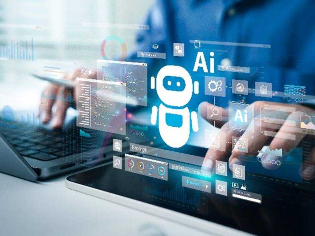Mitarbeitende arbeiten am Laptop mit KI-Icons und virtuellen Daten, passend zur KI-Schulungspflicht Arbeitgeber