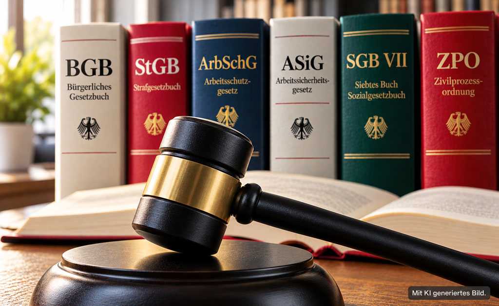 Richterhammer mit Gesetzesbüchern im Hintergrund – Symbol für Unternehmerhaftung im Arbeitsschutz