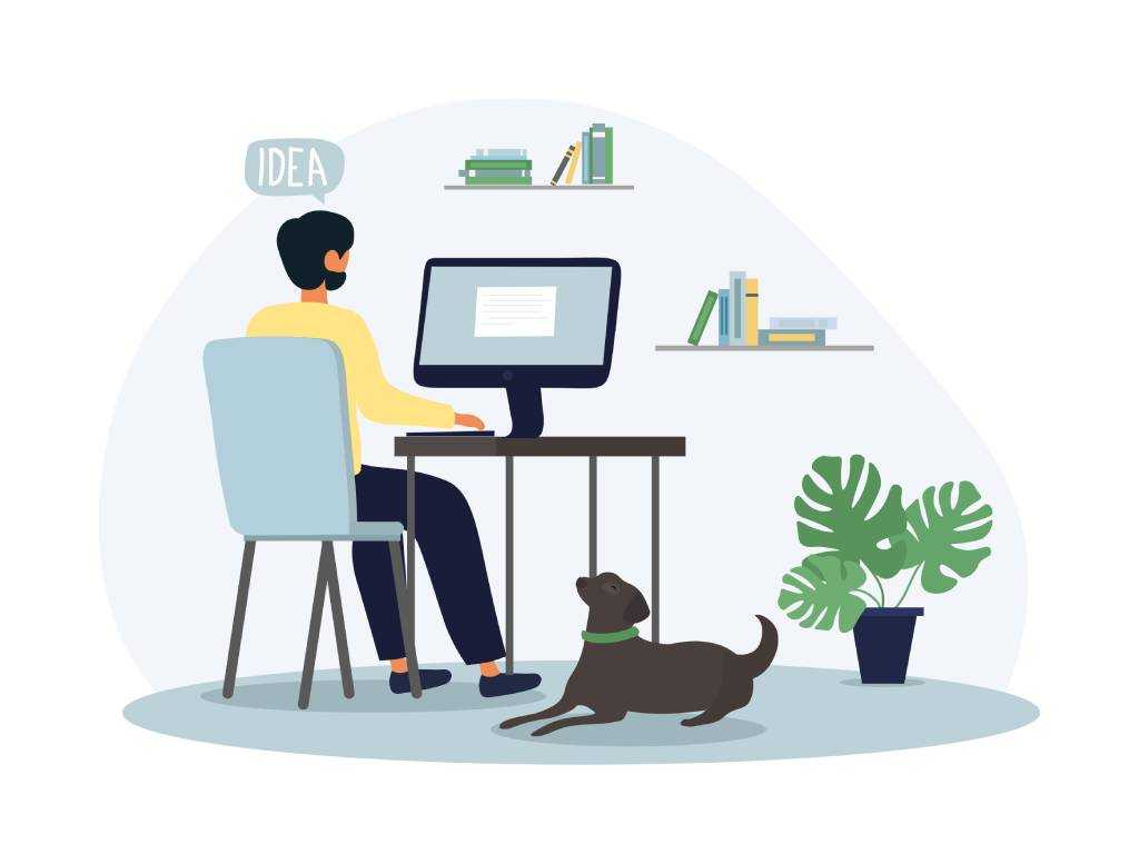 Hund liegt im Büro neben Mitarbeiter am Schreibtisch – Symbolbild für Tiere am Arbeitsplatz