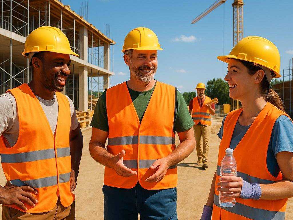 Bauarbeiter mit Schutzhelm und Warnweste beim UV-Schutz am Arbeitsplatz im Sommer