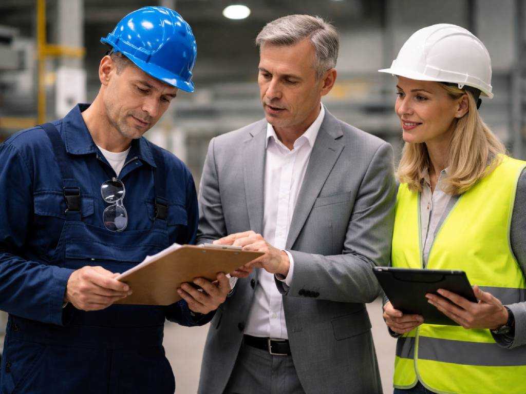 Drei Personen besprechen Arbeitsschutzmaßnahmen im Betrieb – neue Regelung zu Sicherheitsbeauftragten ab 2026
