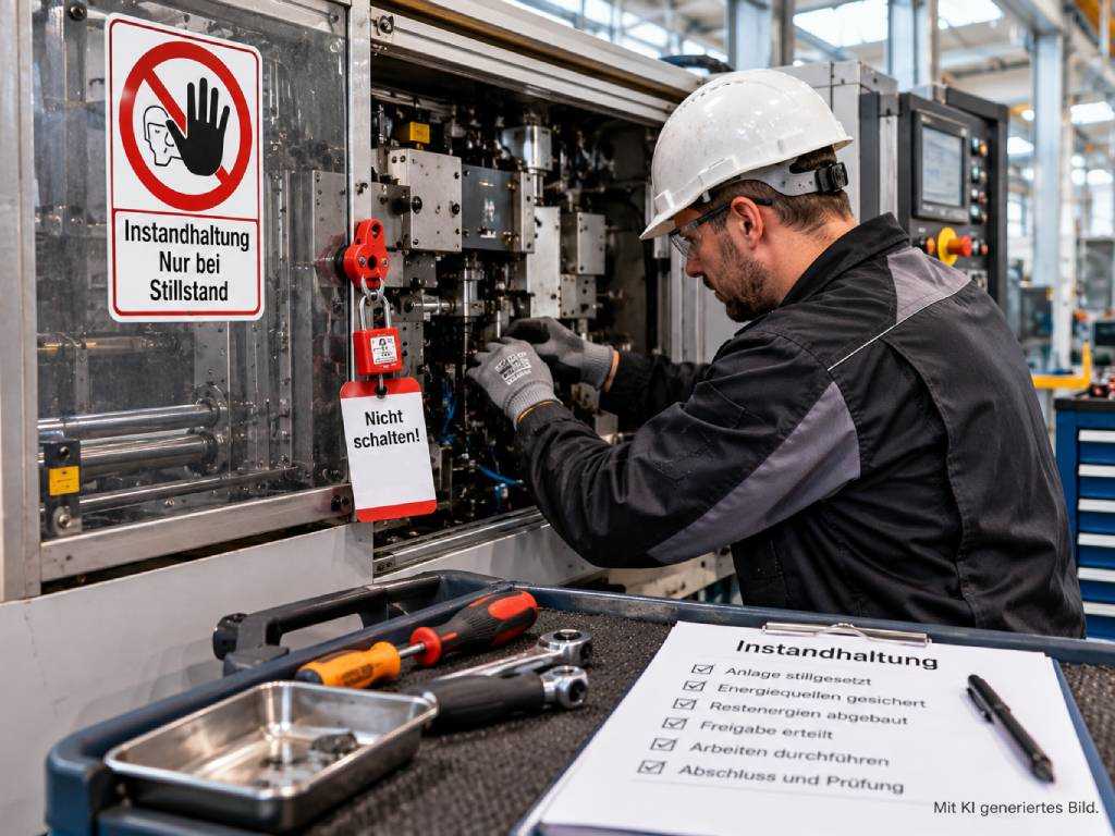 Fachkraft bei der Instandhaltung von Maschinen mit gesicherter Anlage, Warnhinweisen und Checkliste