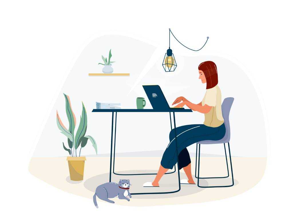 Frau arbeitet am Laptop im Homeoffice – Illustration eines ergonomischen Telearbeitsplatzes gemäß rechtlicher Anforderungen