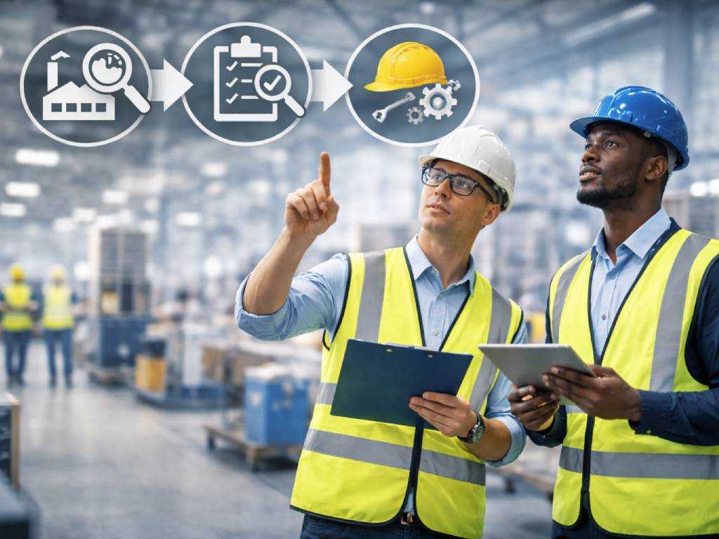 Zwei Fachkräfte führen eine Arbeitsschutzbegehung im Betrieb durch und prüfen Sicherheitsmaßnahmen