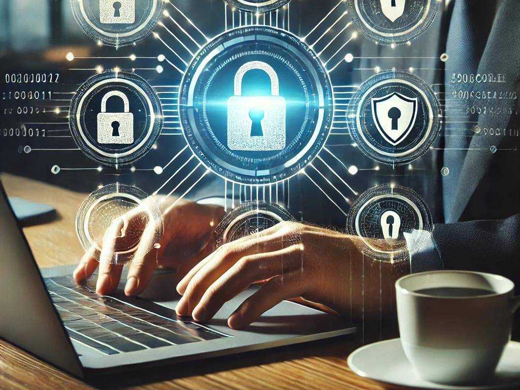 E-Mail-Verschlüsselung DSGVO: Person arbeitet am Laptop mit Sicherheitssymbolen und Vorhängeschloss