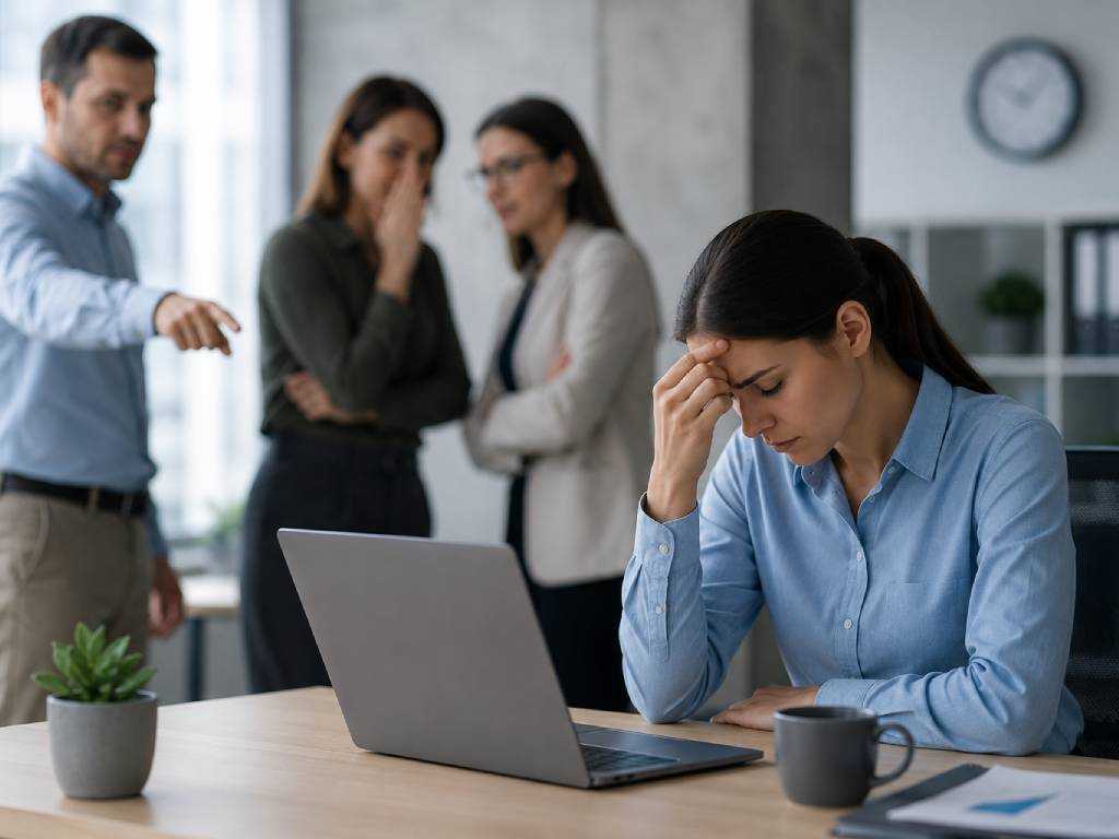 Belastete Mitarbeiterin bei einer möglichen Mobbing-Situation am Arbeitsplatz