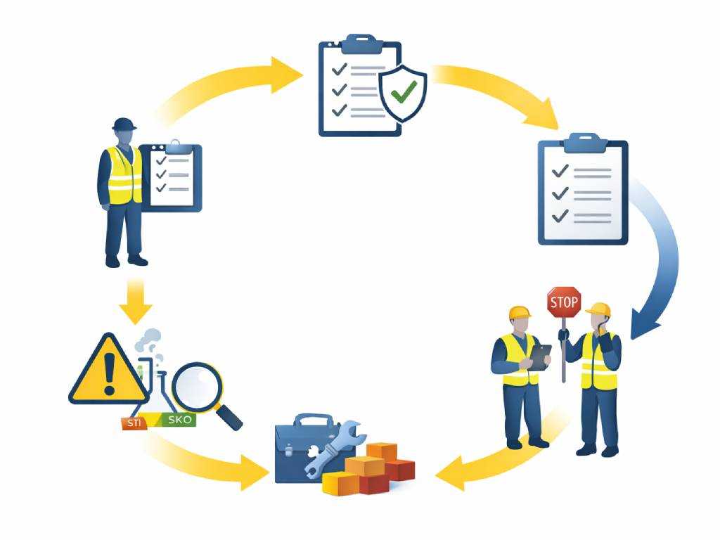 Grafische Darstellung vom Ablauf einer Gefährdungsbeurteilung mit Ermittlung, Bewertung und Maßnahmen nach dem STOP-Prinzip