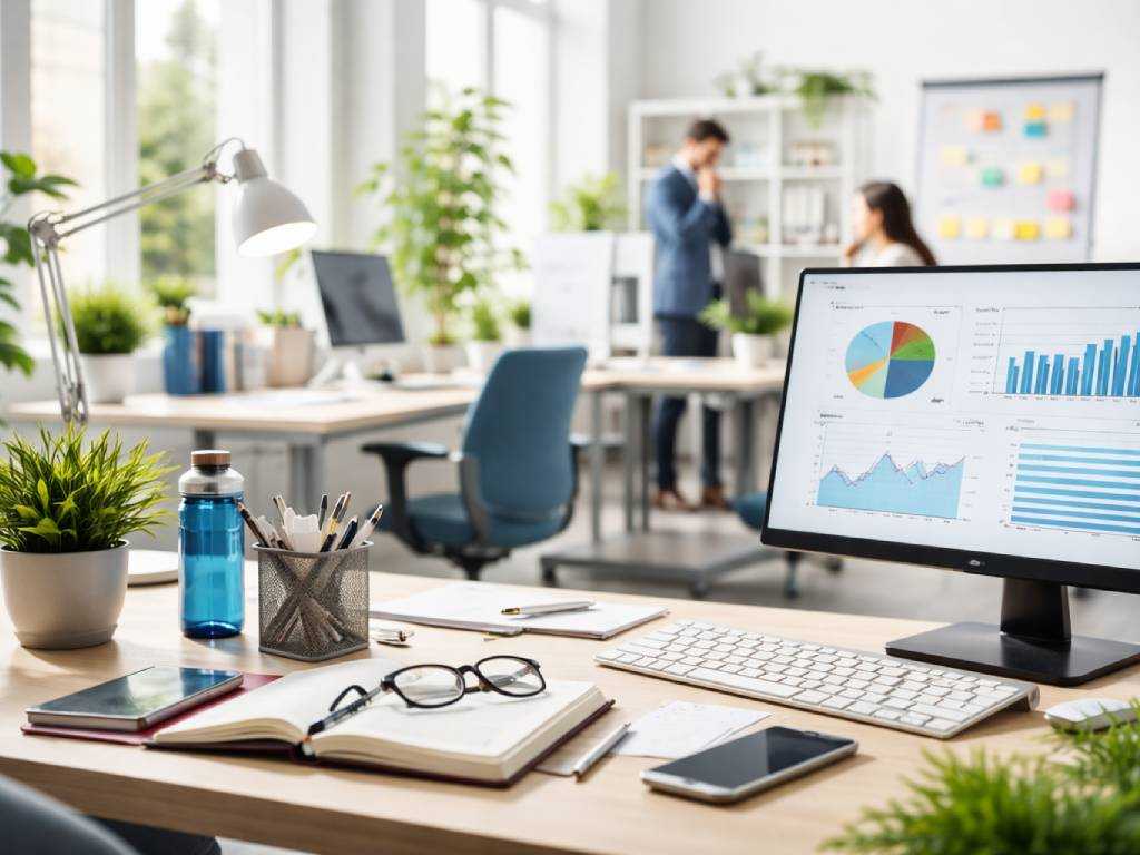 Moderner Büroarbeitsplatz nach DGUV Branchenregel Büro mit Fokus auf Ergonomie und Arbeitsschutz