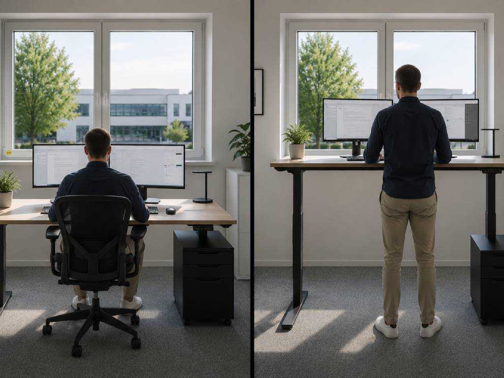 Beschäftigter arbeitet abwechselnd im Sitzen und Stehen an einem höhenverstellbaren Schreibtisch, um Bewegungsmangel am Arbeitsplatz vorzubeugen.