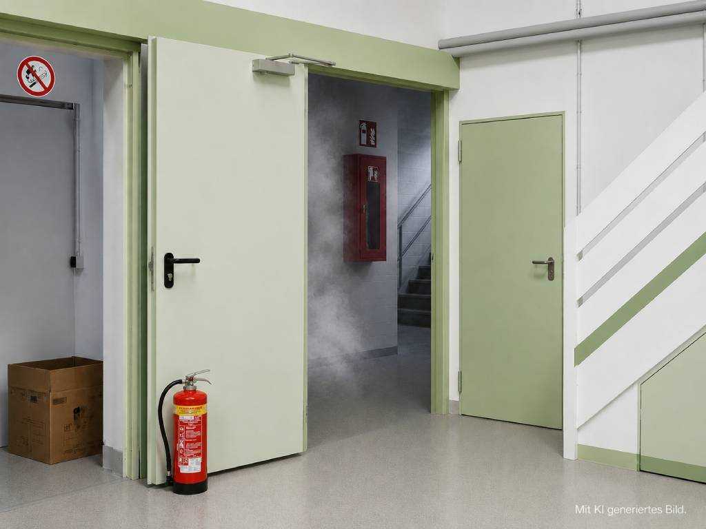 Geöffnete Brandschutztür in einem Gebäude zum Thema Brandschutztür unterkeilen