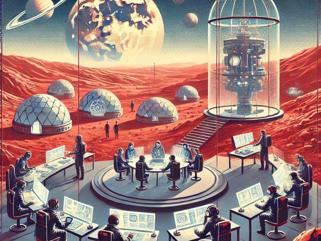 Futuristische Mars-Kolonie mit Astronaut:innen an digitalen Schulungsterminals – Symbolbild für Online Unterweisung im Arbeitsschutz der Zukunft.