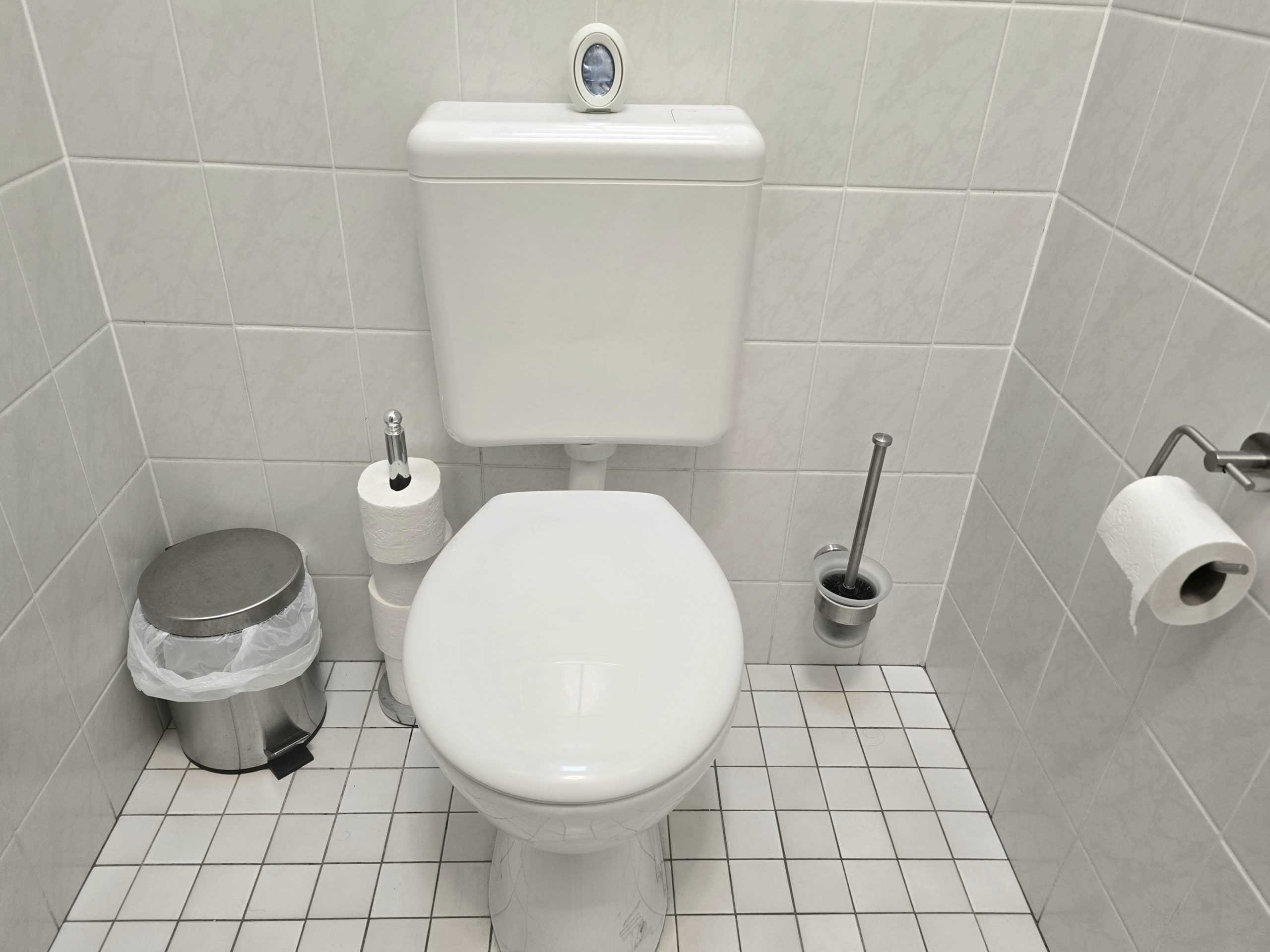 Toilette in einem Sanitärräum einer Arbeitsstätte mit Hygieneabfalleimer, Toilettenbürste und Papierhalter