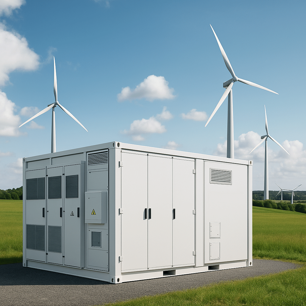 Stromspeicheranlage in Containerbauweise mit Windkraftanlagen im Hintergrund als Beitrag zur Energiewende