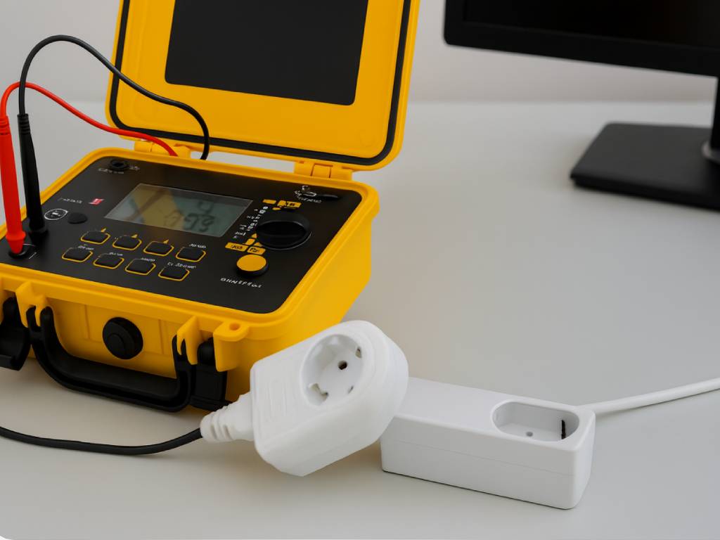Elektrogeräteprüfung (E-Check) nach DGUV Vorschrift 3 – Messgerät mit Mehrfachsteckdose am Arbeitsplatz