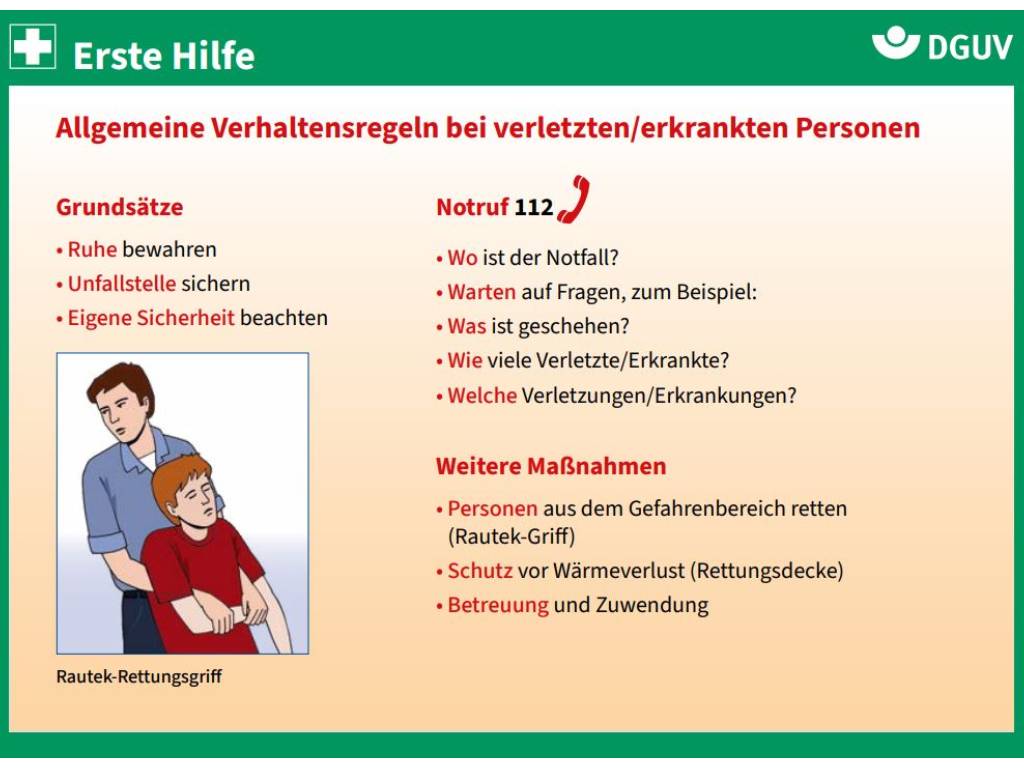 DGUV Erste-Hilfe-Karte mit allgemeinen Verhaltensregeln für verletzte oder erkrankte Personen im Betrieb